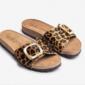 Yokono Calf Hair Leopard Print Jerba Slides Cork Sandals Shoes Womens Size 8
